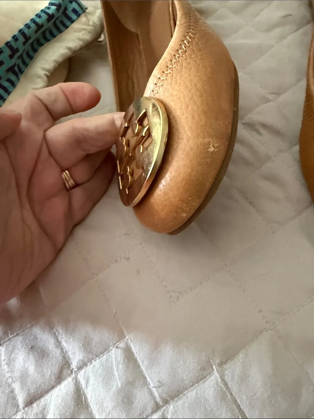 Tory Burch Caramel Leather Logo Ballet Flats with Gold Medallions